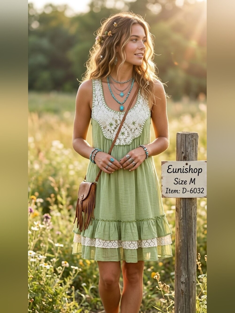 Eunishop Dress Olive Green Cream Crochet Lace Trim Racer Back Ruffle Hem Sz M